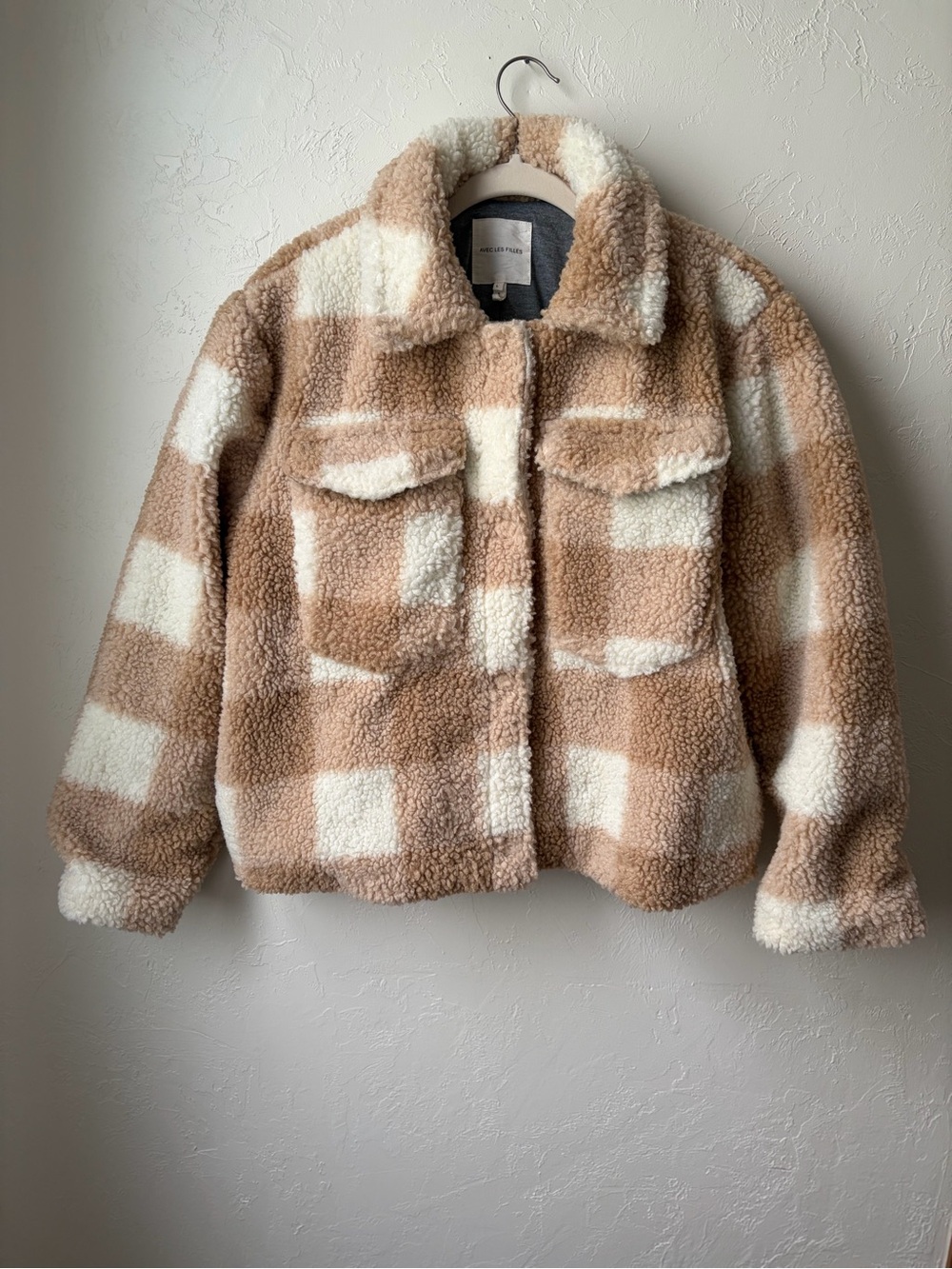 Avec Les Filles Beige Buffalo Check Teddy Sherpa Jacket L